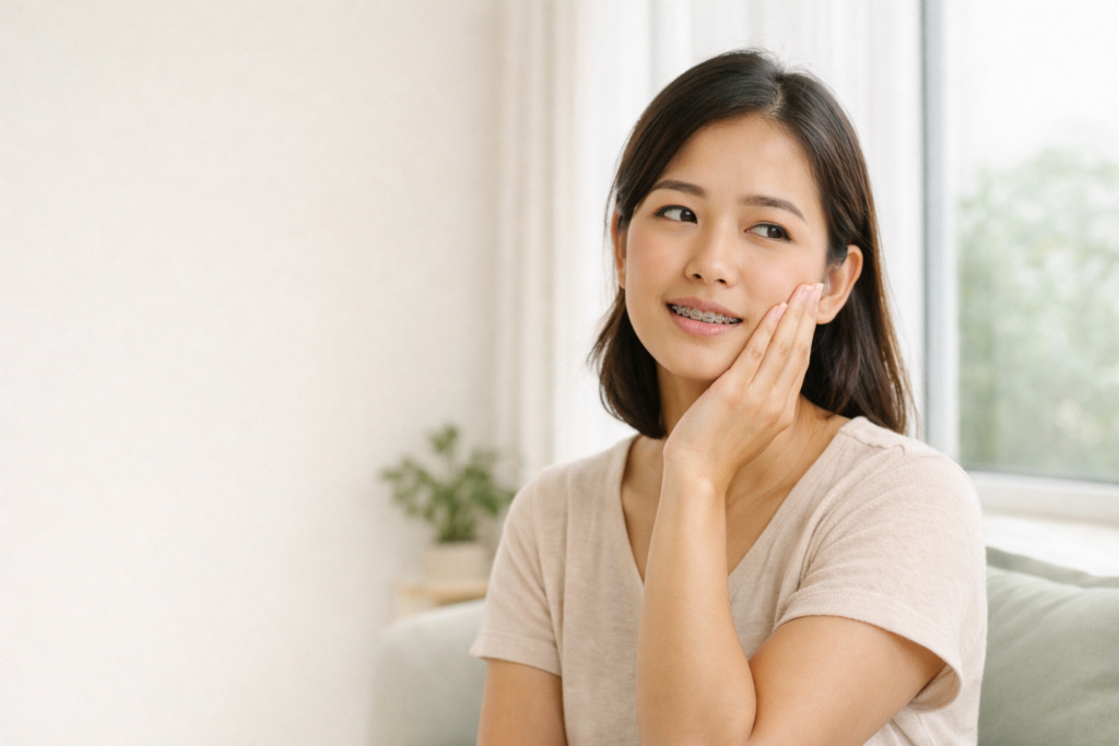 Minh họa bệnh nhân chỉnh nha cảm thấy ê và khó chịu nhẹ trong những ngày đầu sau khi siết niềng