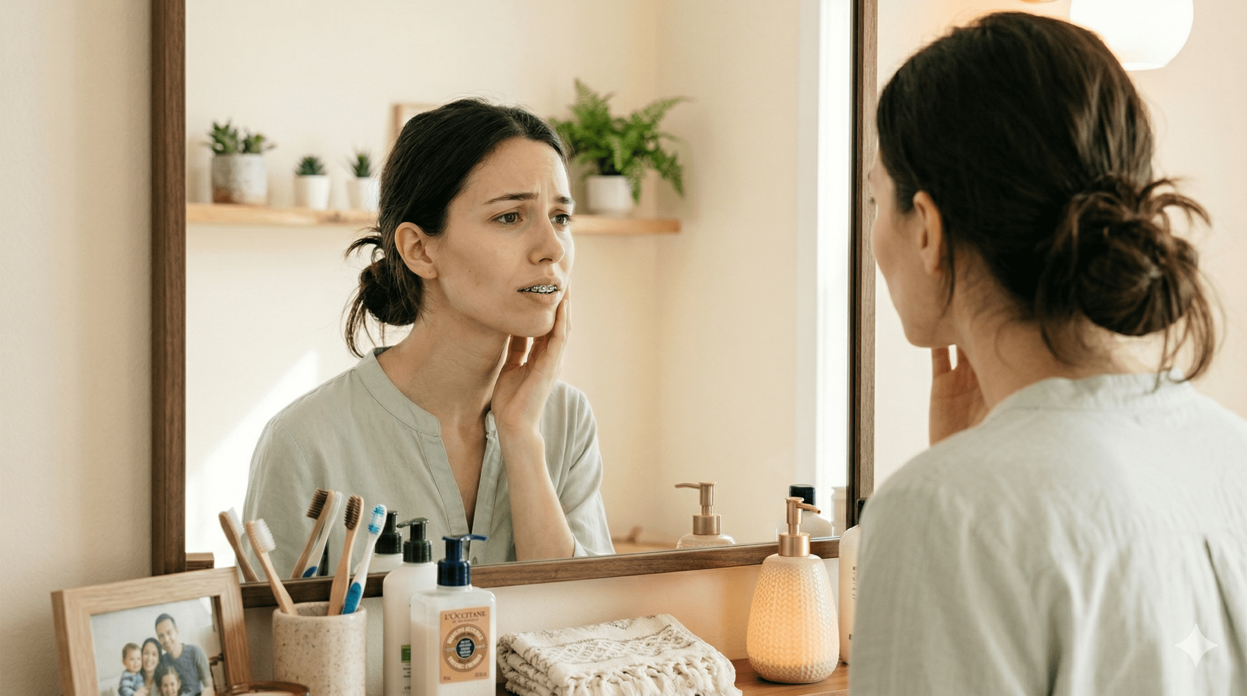 Hình bệnh nhân mới bắt đầu niềng, khuôn mặt hơi gầy hoặc hóp nhẹ và có vẻ lo lắng khi quan sát sự thay đổi của mình trong giai đoạn đầu điều trị.